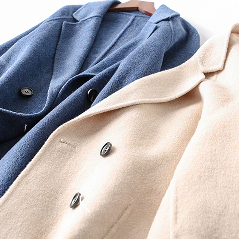 Kou Mi's high-oxygen color system exquisite age-reducing solid color double-sided cashmere coat medium and long version wool coat female