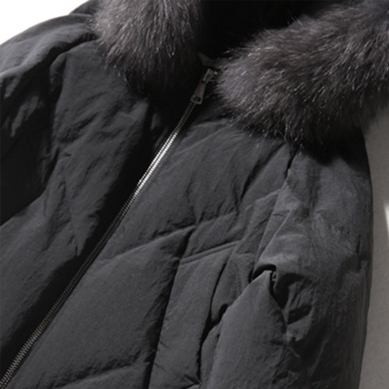 Winter new black explosive fashion loose hooded big hair collar thick white duck down jacket women's long version