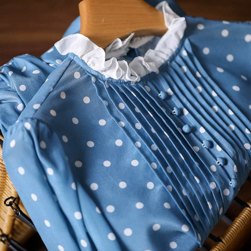 Elegant temperament minus age BI collection Fresh Blue Wave Dot Printed Heavy Pound Mulberry Silk Genuine Silk Shirt Blouse