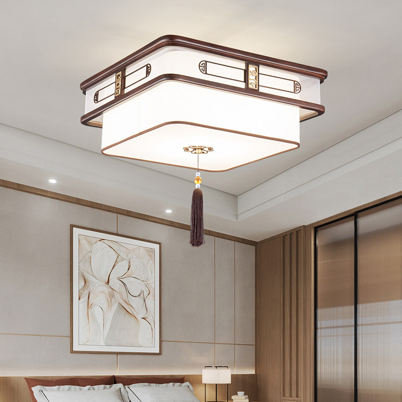 Solid wood New Chinese suction top light bedroom lamp room Book room Book room brief modern China Wind led double layer square lamp