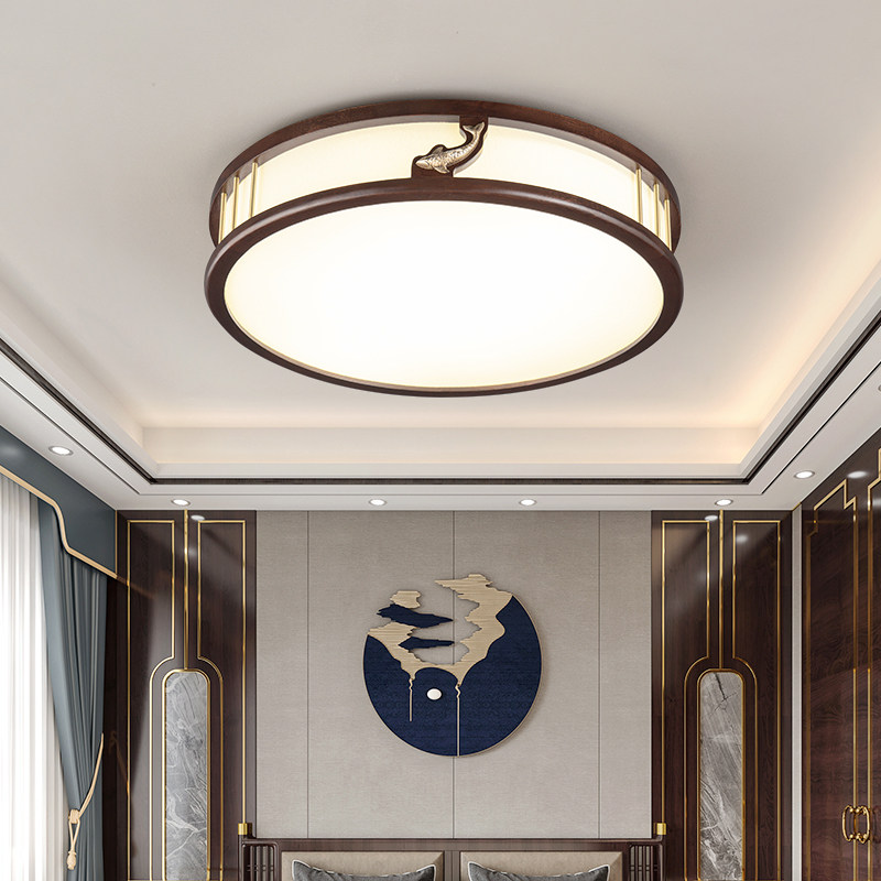 New Chinese bedroom lamp solid wood suction top light cozy room bookhouse minimalist modern China wind led round lamp