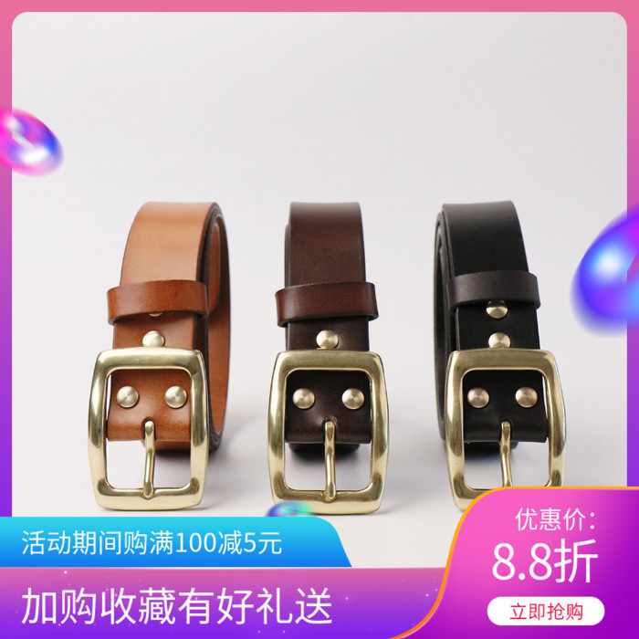 Thickened Tannic Leather Americas eucalyptus handmade strap pure copper Men Jeans Leather Belt headband Bull Leather