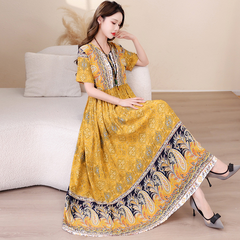 New Cotton Silk Dress for Women in Summer, Elegant and Classy Ethnic Style, Long Skirt with a Large Hem, Vacation Beach Dress New Cotton Silk Dress for Women in Summer, Elegant and Classy Ethnic Style, Long Skirt with a Large Hem, Vacation Beach Dress