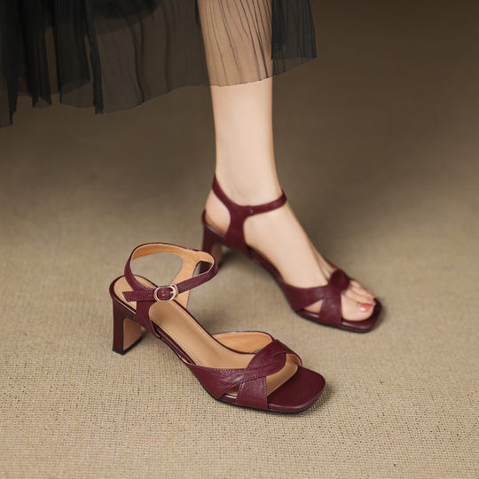 Simple retro thick heel women's sandals women's thick heel back strap open toe summer high heel mid heel 6.5cm sandals for women