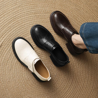 5cm British Style Genuine Leather Thick-Soled Round-Toe Velcro 2025 New Versatile Chunky Heel Genuine Leather Japanese-Style Loafers
