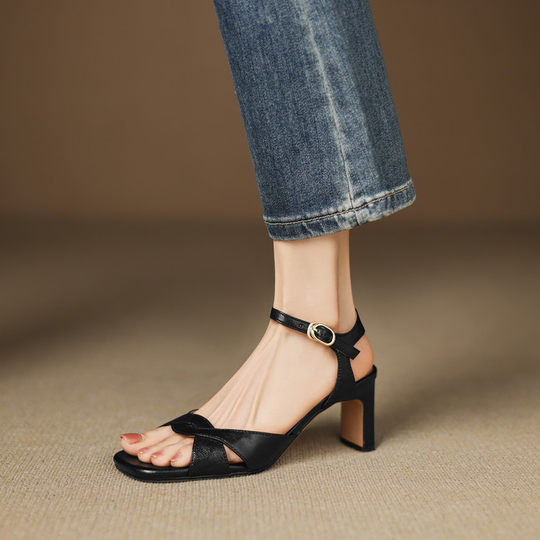 Simple retro thick heel women's sandals women's thick heel back strap open toe summer high heel mid heel 6.5cm sandals for women