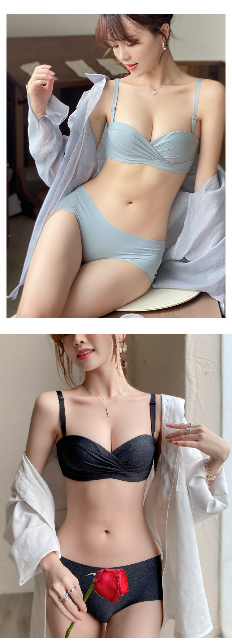 aa杯小胸聚拢新款2022爆款内衣女纯欲风性感无肩带薄款文胸罩套装详情15