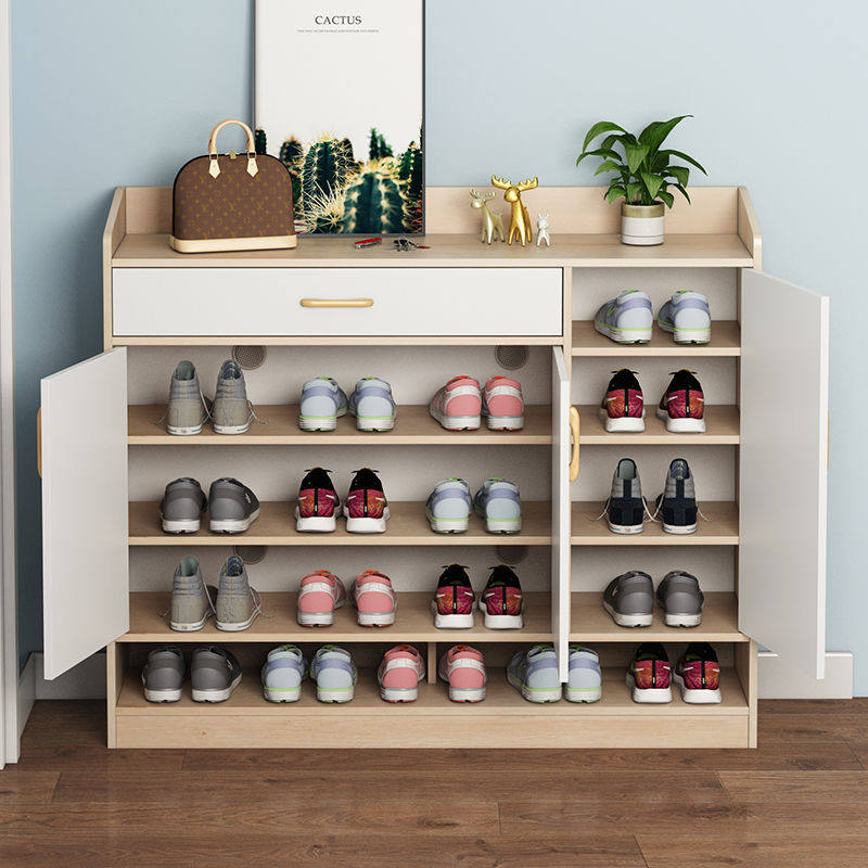 1 Shoe cabinet storage shelf Household shoe rack Fully enclosed door slipper shelf Imitation solid wood simple multi-layer bedroom shoe rack