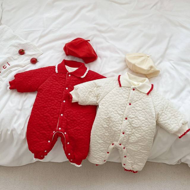 Winter female baby's cotton-padded thickened warm foreign-style jumpsuit cotton clothes baby plus fleece romper cotton-padded jacket going out clothes tide