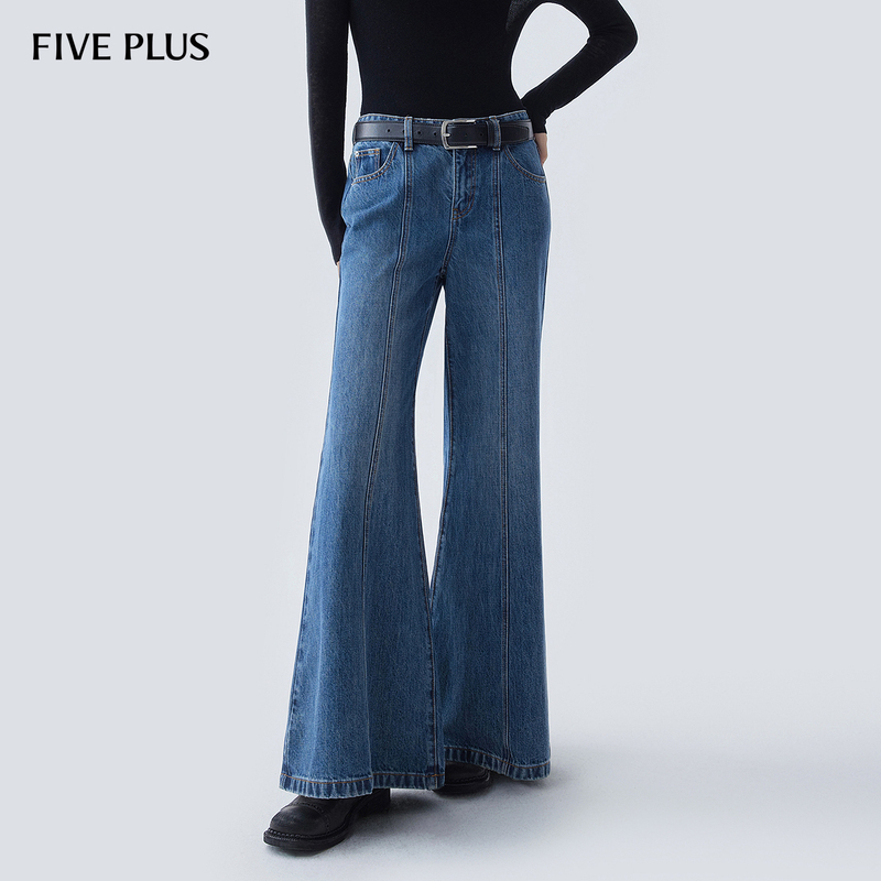 Five Plus Women's Flared Jeans Retro Style Washed Wide-Leg Long Pants Pure Cotton Casual Versatile Jeans