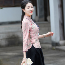 Women's long-sleeved lace cheongsam top in Tang suit Modified Chinese style women's buckle Fashion Chinese style clothing Republic of China style tea clothing