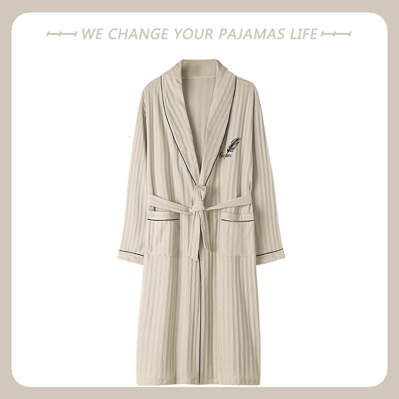2026 Men's Nightgown Spring and Autumn Pure Cotton Thin Long-Sleeved Long Pajamas Bathrobe Large Size All-In-One Home Wear