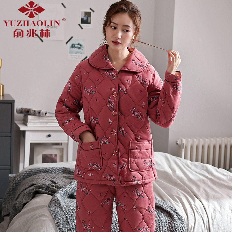 Yu Zhaolin pajamas for women's autumn and winter thickened cotton quilted plus fat large size loose home clothes suit winter