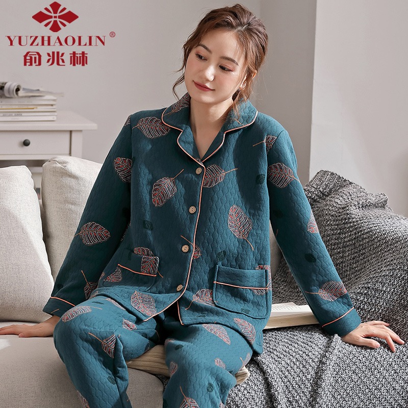 Yu Zhaolin pajamas for women's autumn and winter interlayer air cotton pure cotton quilted thin section middle-aged mother's homewear suit