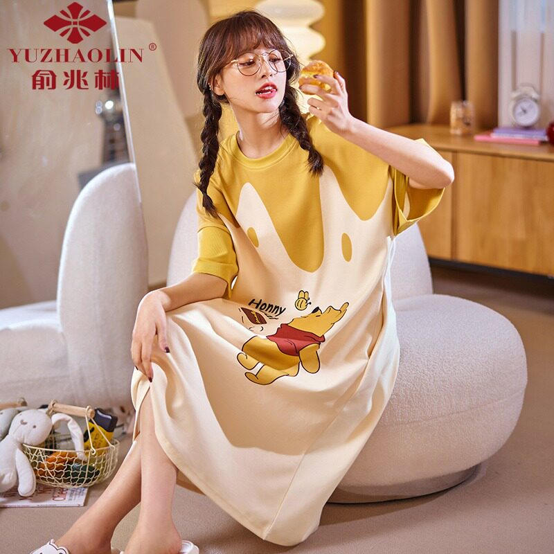 Yu one trillion Lin Han Edition Sleeping Dress Woman Summer Pure Cotton Short Sleeve Sleeping Clothing Thin style Spring and autumn day cute cartoon Home Residence Dress