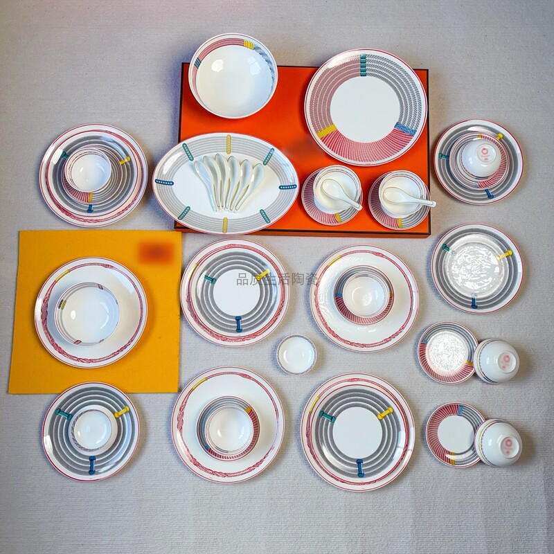 Tressages Equestres Series Tableware for Eight People, Bone China Ceramic, Natural Dyes, Safe