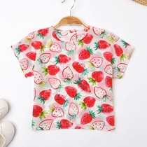 Baby summer strawberry round neck silk coat children mulberry silk short sleeve T-shirt girls base shirt