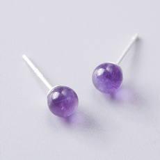 Серьги 纯银耳饰品 天然乌拉圭深色半透明紫水晶圆珠小耳钉 简约圆球耳饰