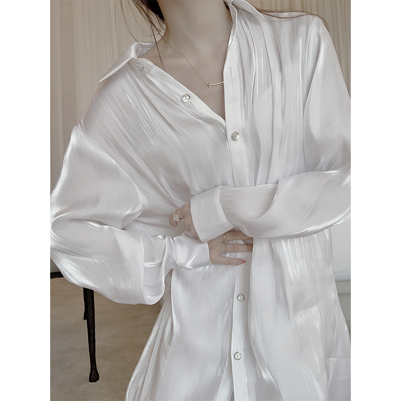 Satin Lace-Up Waist-Cinching Pearlescent Mermaid Long-Sleeve Sun-Protective Shirt for Women, Designer Niche Mid-Length White Shirt