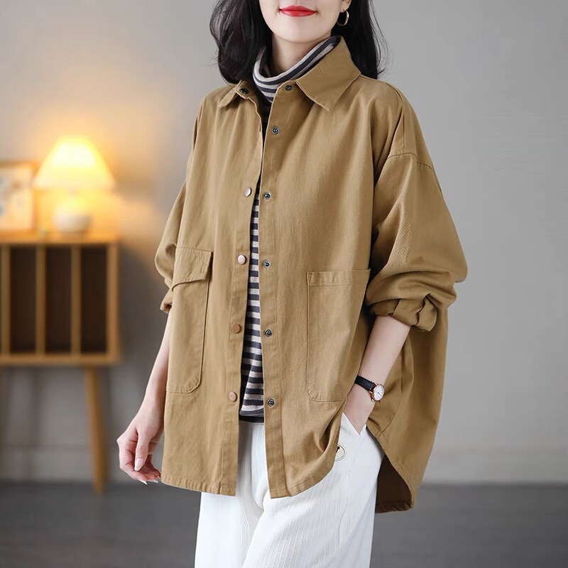 Autumn 2023 Loose Casual Trench Coat Jacket for Women, Plus Size, Unique Design, European Style, Pocket, Pure Cotton Shirt Top