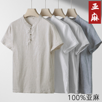 Day Department Summer thin section 100% pure linen men upright collar short sleeves T-shirt Youth loose cover cotton linen sweatshirt