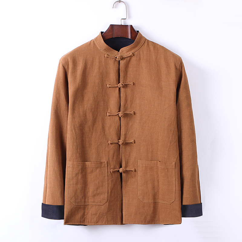 Spring and Autumn Vintage Cotton Linen Stand Collar Jacket Double Sided Chinese Style Men's Linen Long Sleeve Double Sided Tang Suit
