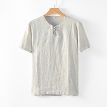 China Wind Youth Summer Thin style short sleeve round neckline sleeve head T-shirt 100% pure linen loose Chinese style body shirt male