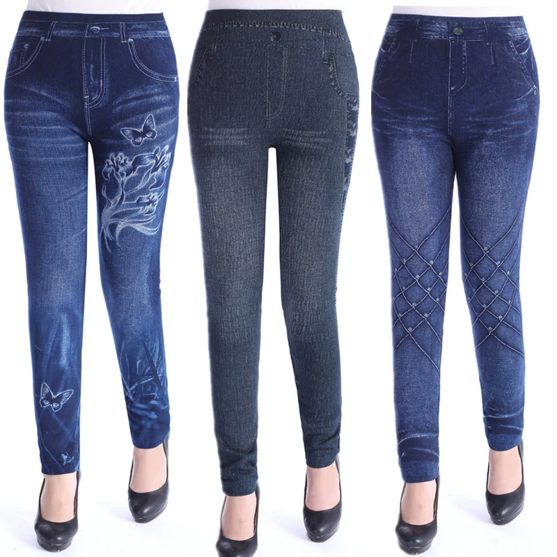 Không có nhung / cộng với nhung in giả quần legging denim Quần tây nữ co giãn cao mặc trung niên và cao tuổi cộng với quần size - Quần tây thường