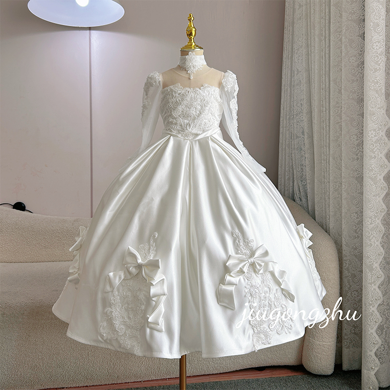 【Mirror Flowers and Moonlight】Three-Dimensional Tailoring Women's Long-Sleeved Wedding Dress, Floor-Length Evening Gown, High-Waisted Wedding Dress with Sleeves and Shawl, White