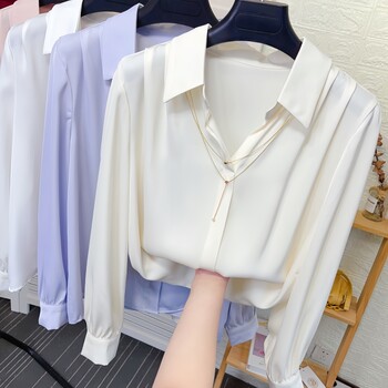 ເສື້ອຍືດຄໍຄໍ v-neck acetate satin ສໍາລັບແມ່ຍິງພາກຮຽນ spring ແລະດູໃບໄມ້ລົ່ນ temperament ໃຫມ່ workwear ມືອາຊີບ bottoming ເສື້ອ chiffon ເທິງ