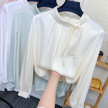 Silk scarf bow stand collar acetate satin shirt women's spring and autumn temperament loose bottoming white chiffon shirt top