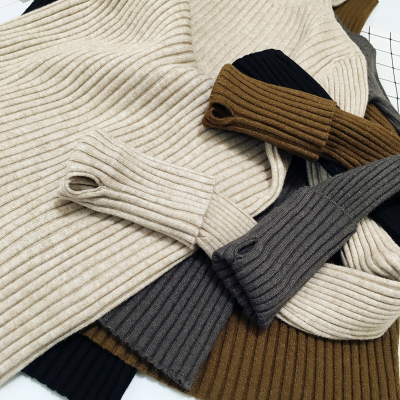 Lazy Style Turtleneck Sweater with Finger Holes, Ribbed Knit, Autumn and Winter Warm Thick Pullover, Stretchy Base Layer Knitwear