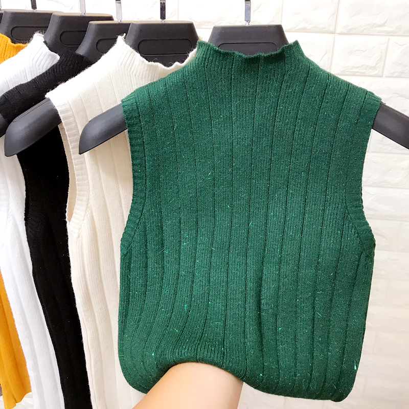 Một nửa cổ áo lụa sáng màu không tay áo len nữ mùa thu mỏng cơ thể bạc sling áo đáy mặc khí chất hàng đầu ao kieu dep