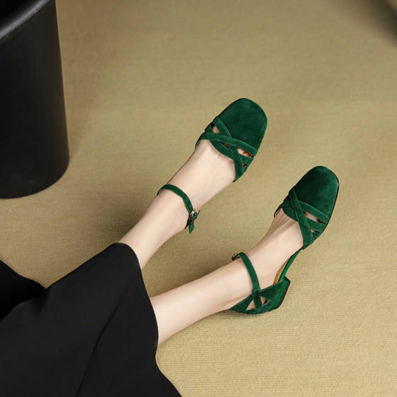 罗马复古包头凉鞋女夏真皮平底粗跟软皮磨砂绿色软底猪笼编织凉鞋