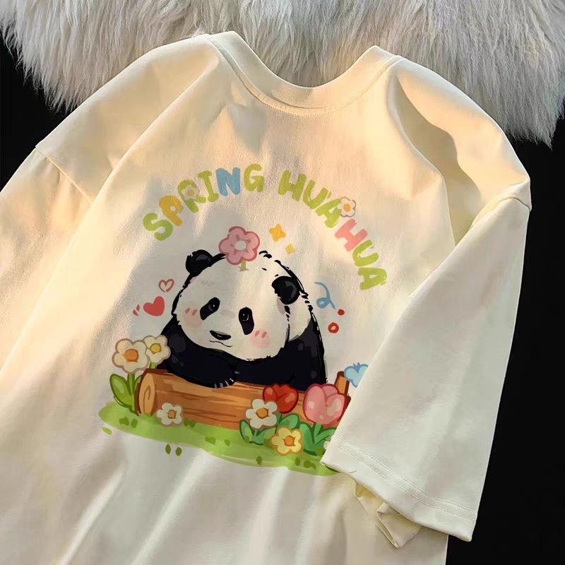 Panda Print Round Neck Short-Sleeve T-Shirt for Women, 2024 Summer New Style, Popular Chinese Style Design, Fashionable and Versatile Top