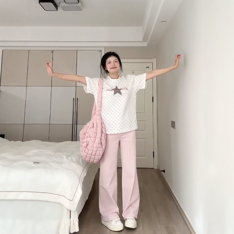 Korean-Style Casual Sports Suit for Women, Summer Lazy Polka Dot Short-Sleeve T-Shirt and Pink Long Pants Two-Piece Set