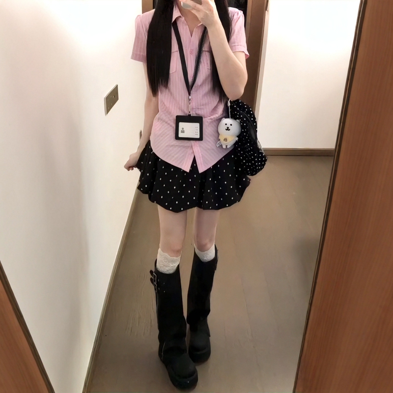French-Style Casual Sports Suit for Women, Summer Striped Short-Sleeved Shirt, Flower Bud Skirt, Sweet Girl Slimming Two-Piece Set French-Style Casual Sports Suit for Women, Summer Striped Short-Sleeved Shirt, Flower Bud Skirt, Sweet Girl Slimming Two-Piece Set