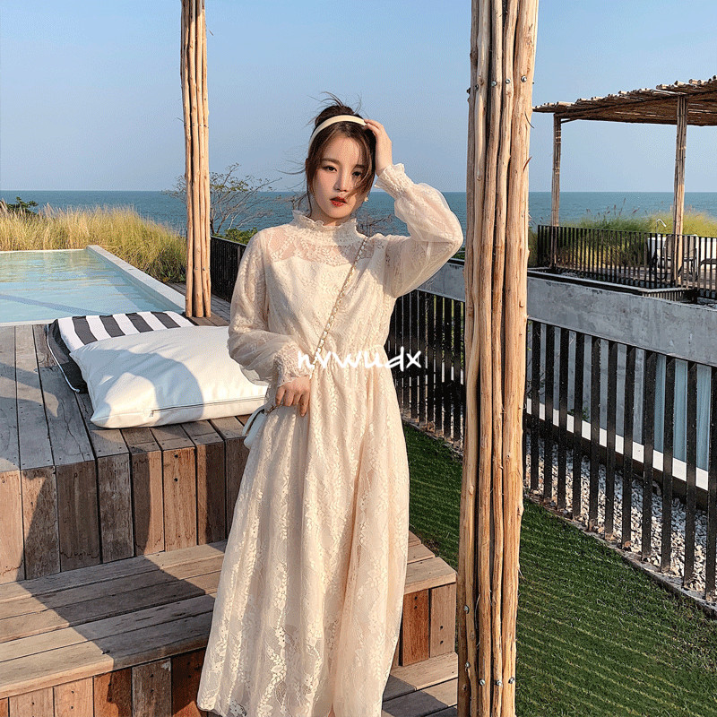 sandro Duffy spring summer style long sleeve lace temperament high-end Korean version Fashion medium long version of women's long dress