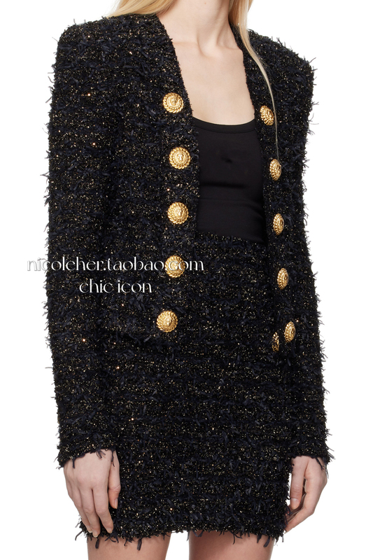 Trendy French-Style Retro Balenciaga-Inspired Padded Shoulder Cardigan with a Blingy Metallic Double-Breasted Black and Gold Knit Design