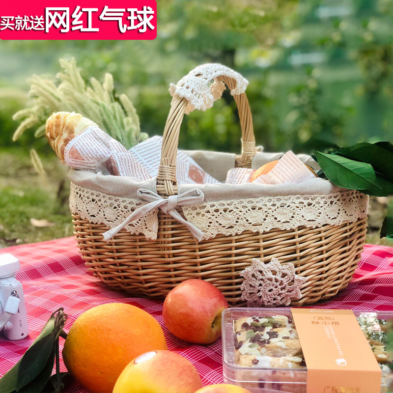 Picnic supplies small rattan hand-held shopping outing props picnic storage basket fruit basket picnic basket with lid basket