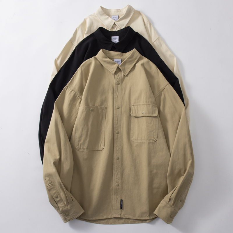 American Style 400g Heavy-Duty Workwear Long-Sleeve Shirt for Men, Spring and Autumn, Pocket, Pure Cotton, Turn-Down Collar Shirt, Light Jacket, Commuter Top