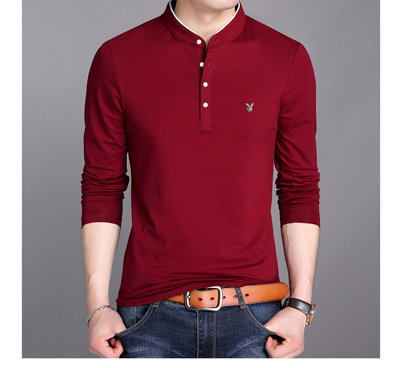 Playboy nam mùa xuân và mùa thu mới áo thun dài tay nam đứng cổ áo Slim triều nam chạm đáy áo cotton nam Hàn Quốc t áo thun thể thao nam