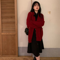 Toe tendons fat mm spring new raccoon wool knitted cardigan womens loose thin sweater jacket medium-long section