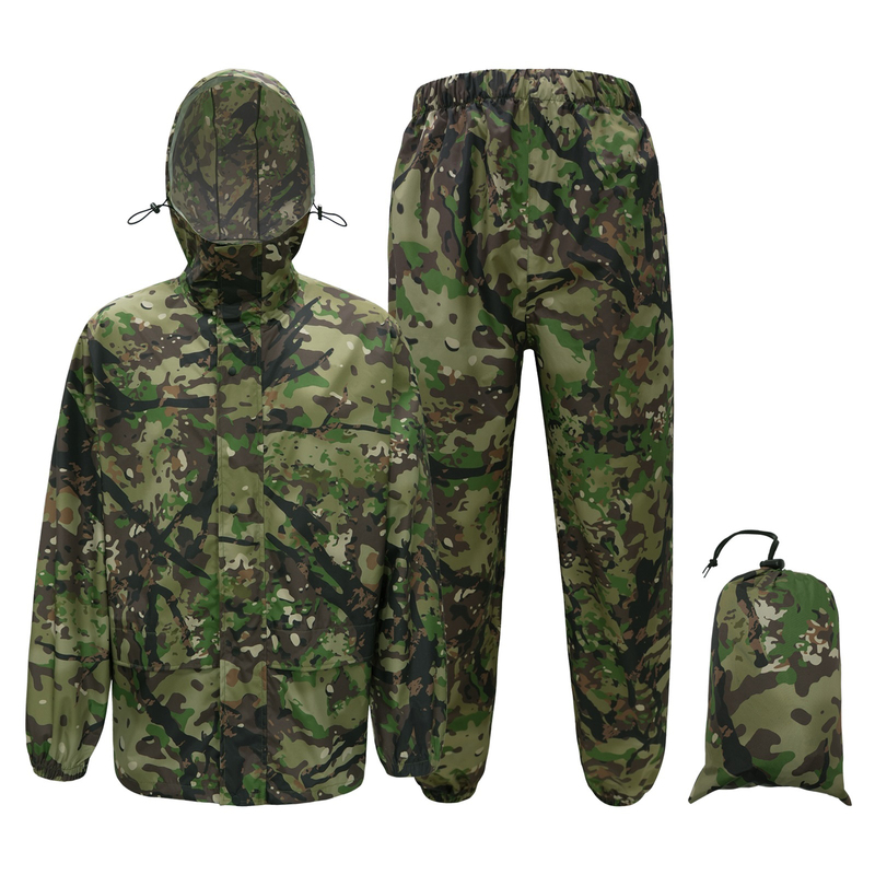 Outdoor Tactical Split Camouflage Raincoat and Rain Pants Waterproof Set for Hunting, Rain Protection, Cycling, Hiking, Fishing, Lightweight and Breathable