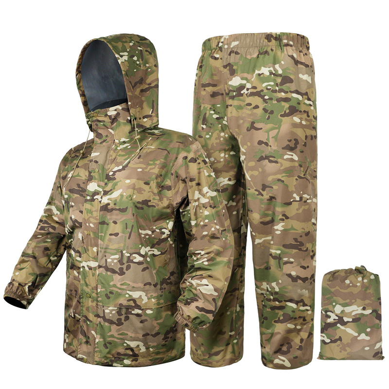 Outdoor Split Camouflage Raincoat and Rain Pants Set for Hunting, Heavy Rain Protection, Cycling, Fishing, with Reflective Strips, Lightweight Raincoat