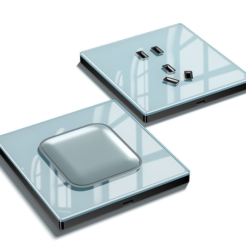 Blue Acrylic Led Switch Socket Panel Type 86 for Home Use, Flush-Mounted, Single Switch Dual Control, Five-Hole USB