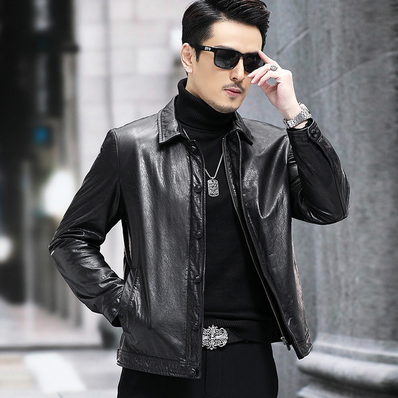 Haining New Genuine Leather Jacket for Men, Short Style, Oil-Waxed First Layer Calfskin Leather Jacket with Detachable down Liner