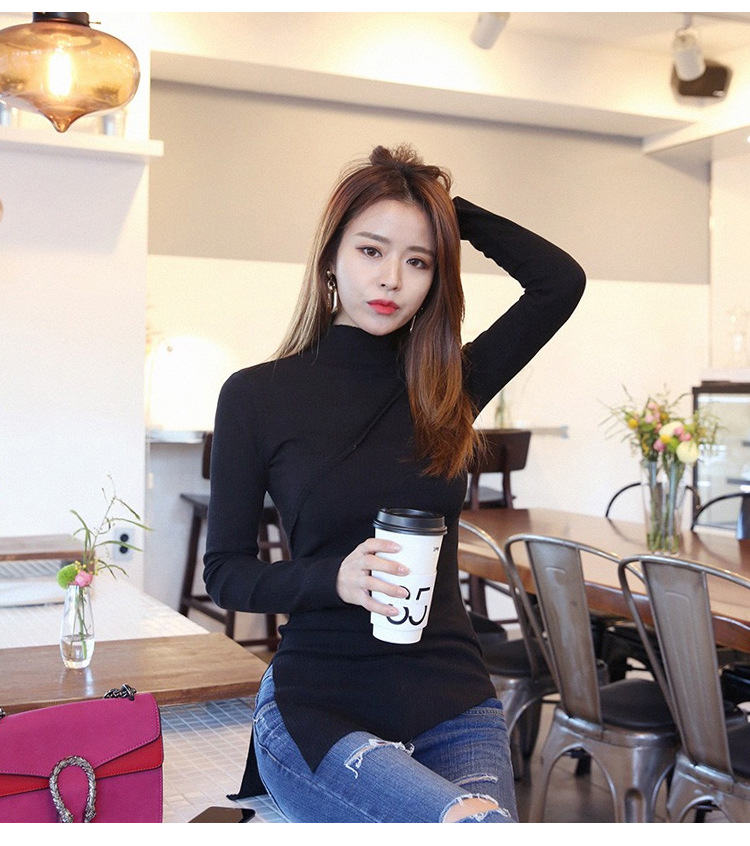 Mùa thu màu rắn nửa cao cổ áo bó sát bó sát phần mỏng Áo sơ mi mỏng chạm đáy hoang dã Áo thun dài tay nữ áo khoác cardigan nữ form dài