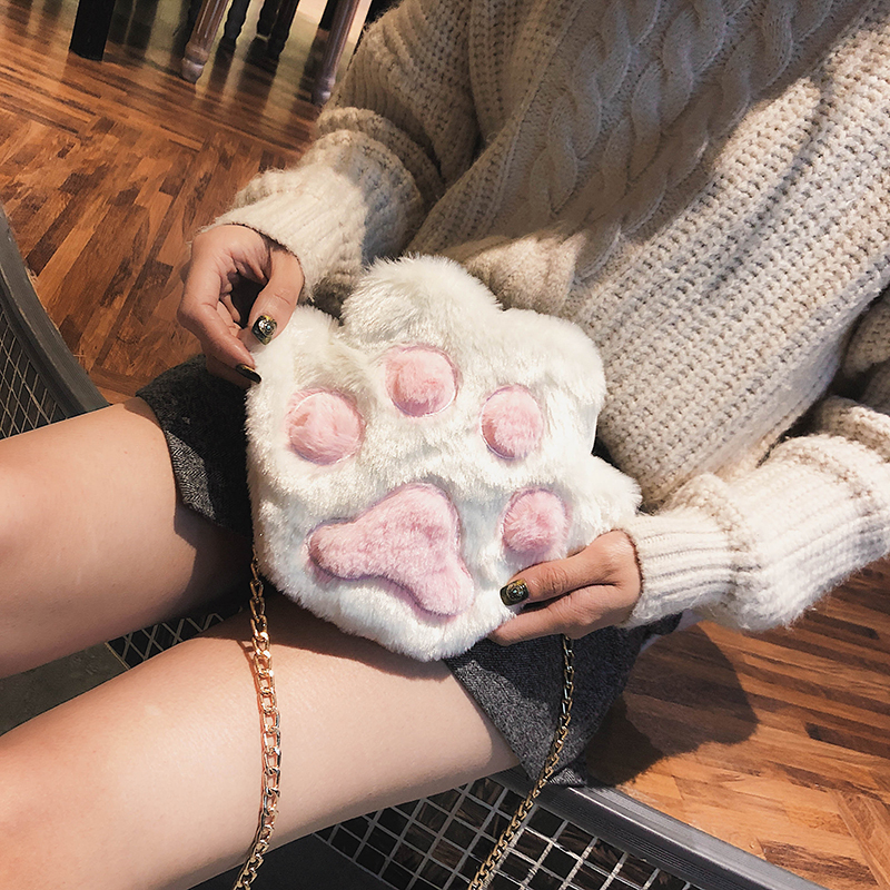Japanese Harajuku style cute plush bear paw soft girl mobile phone small bag leisure girly heart shoulder bag chain Messenger bag