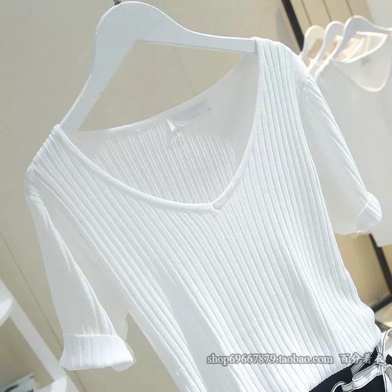 Áo len lụa nữ tay lửng ngắn tay 2018 hè mới phiên bản Hàn Quốc của áo thun mỏng cổ chữ V màu trắng mỏng top 95